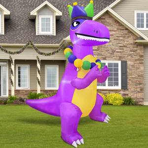 lot 8269 image: TURNMEON 5 Ft Mardi Gras Inflatable Dinosaur with Crown