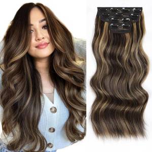 lot 8270 image: Vigorous Clip in Hair Extensions, Brown Mix Blonde, 20 Inch, Wavy