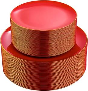 lot 8272 image: PULOTE 100PCS Red Plastic Plates - 50 Dinner50 Dessert Plates