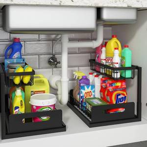 lot 8291 image: REALINN Slide Out Under Sink Organizer, Black, 2 Pack