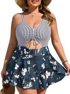 lot 8413 image: Summer Mae Plus Size Floral Cutout Swim Dress with Skirt