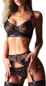 lot 8415 image: Sexy Lace Floral Embroidery Lingerie Set 3 Piece Push Up