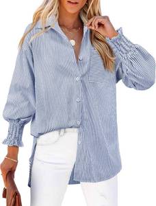 lot 8430 image: Womens Striped Button Down Shirts Smocked Long Puff Sleeve