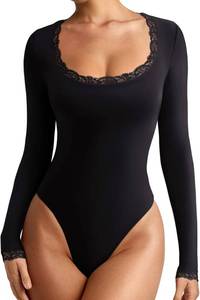 lot 8434 image: REORIA Womens Lace Scoop Neck Long Sleeve Layering Bodysuit