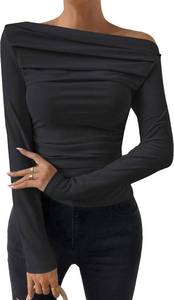lot 8442 image: Asymmetrical Neck Long Sleeve Ruched Slim Fit Crop T-Shirt