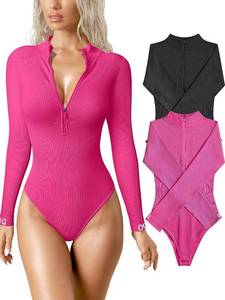 lot 8445 image: Womens 2 Pc Sexy Ribbed Zip Front Long Sleeve Bodysuits