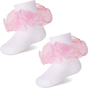 lot 8458 image: Girls Ruffle Socks Double Lace Frilly Dress Cotton 2 Pairs