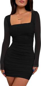 lot 8460 image: BORIFLORS Womens Ruched Bodycon Mini Dress Mesh Long Sleeve
