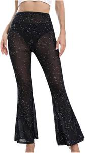 lot 8473 image: Womens Sheer Mesh Flare Pants High Waist Bell Bottom Rave
