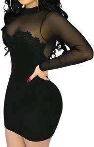 lot 8497 image: Womens Long Sleeve Bodycon Mini Dress - Mock Neck & Sheer Mesh