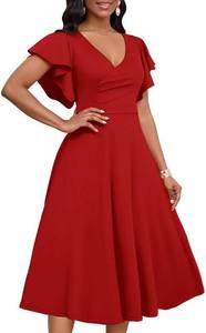lot 8499 image: Womens Cocktail Midi Dress V Neck Ruffle Wrap A Line