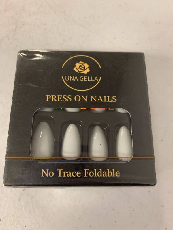 lot 214 image: UNA GELLA Short Press On Nails - White Short Almond Nails��Acrylic Long Lasting Reusable Fit Perferctly For Women and Girls ��12 Sizes 24 Pcs Gel Jelly Color Tips with Elegant Box