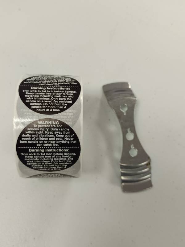 lot 31 image: Candle Warning Labels and Metal Wick holder for candle making