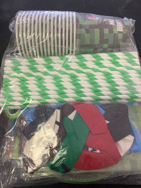lot 54 image: kaeewobo Birthday Party Supplies Decorations Favors Kit for Boys Kids,Pixel Game Banner Plates Napkins Cups Tablecloth Balloons and Straws.