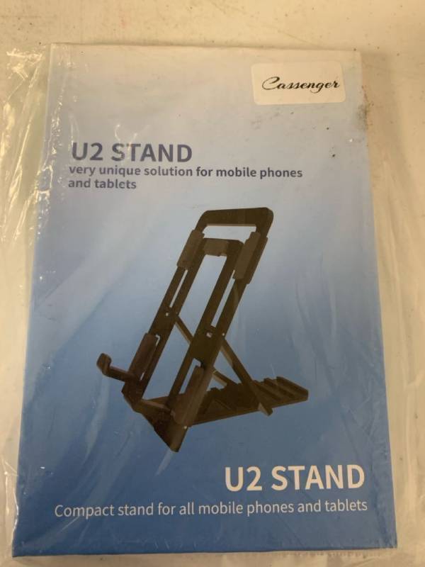 lot 67187 image: Cassenger Cell Phone Stand, Fully Foldable Phone Holder Thick Case Friendly Adjustable Phone Holder for Desk Compatible with iPhone, iPad, Tablet 4-10, All Phones - U2 Black