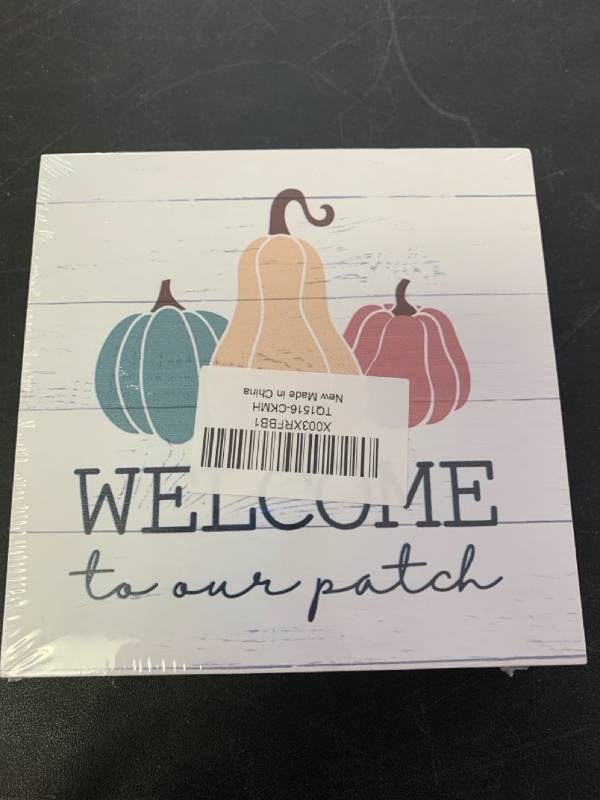 lot 71 image: Knibeo Pumpkin Fall Wooden Signs - Fall Welcome Sign, 5x5 Inch Pumpkin Sign, Fall Signs for Home Decor, Fall Gifts for Women, Fall Mantle Decor, Pumpkin Table Decor, Rustic Fall Decor
