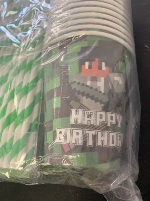 lot 81 image: kaeewobo Birthday Party Supplies Decorations Favors Kit for Boys Kids,Pixel Game Banner Plates Napkins Cups Tablecloth Balloons and Straws.