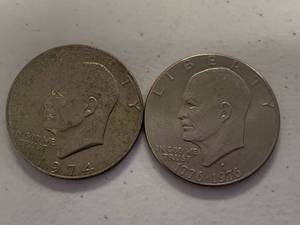 lot 309 image: Lot of 2 Eisenhower dollar coins 1974 bicentennial 1776-1976