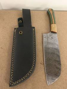 lot 349 image: Damascus steel full tang knife blade wood handle with sheath approx 11 inch handmade