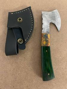 lot 350 image: Damascus steel full tang cheese axe knife blade wood handle with sheath approx 7 inch handmade