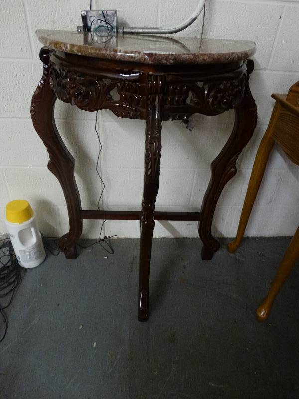 lot 3417 image: Decorative half round carved wood table w marble top