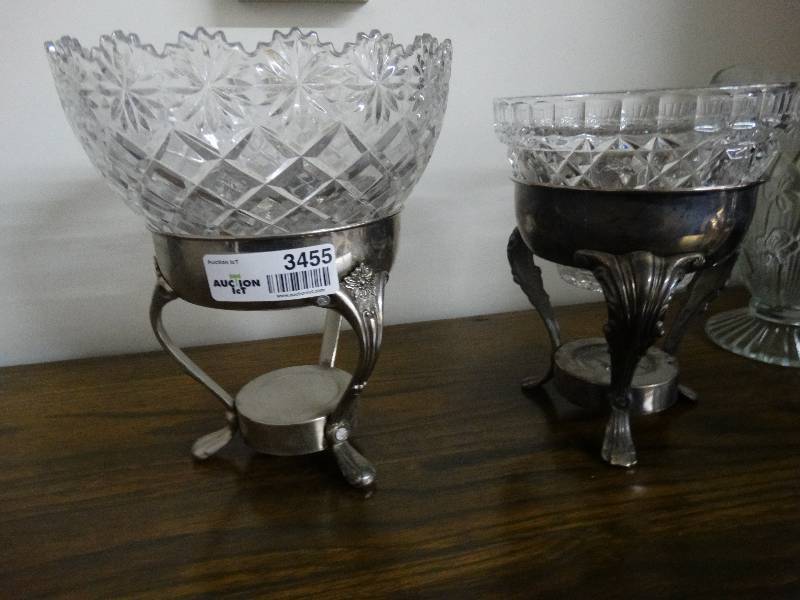 lot 3455 image: 2  crystal bowls w silver plate stands