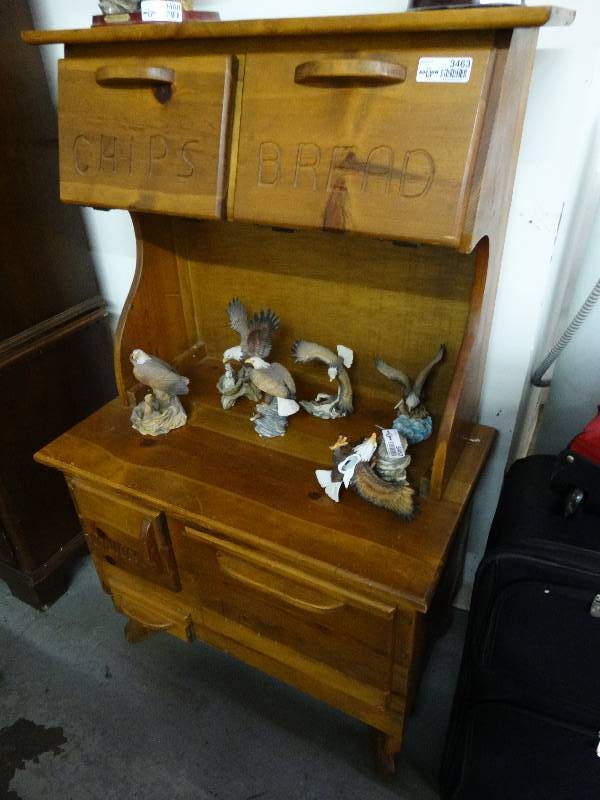 lot 3463 image: Wood kitchen cabinet- Chips Bread Taters Onions