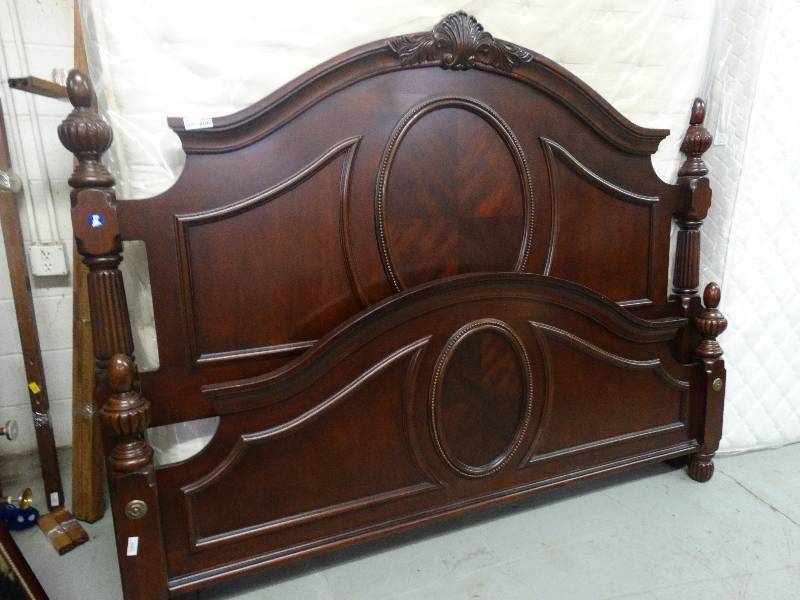 lot 3521 image: King Size Heavy Carved Wood Headboard, Footboard, & Rails WFrame. Beautiful Bed
