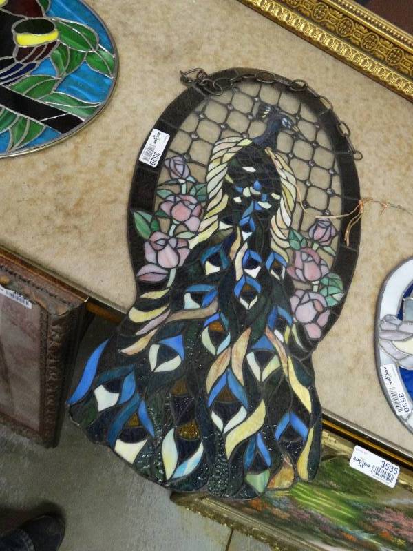 lot 3529 image: Large Stained Glass Peacock Sun Catcher.