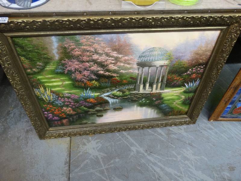 lot 3535 image: Large GardenFloral Painting in Gold Frame.