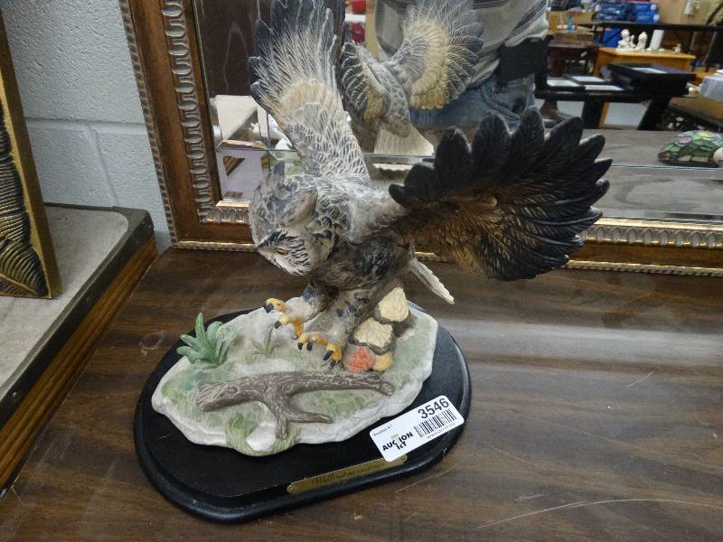 lot 3546 image: Wellington Collectrion Owl Casting on Wood Base.