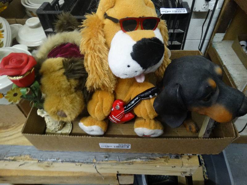 lot 3565 image: 2 Stuffed Dogs & a Poly-resin Welcom Dog.