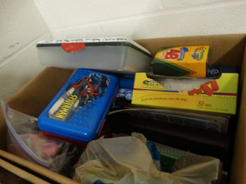 lot 3593 image: Box of School Supplies Crayons, Colored Pencils, etc.