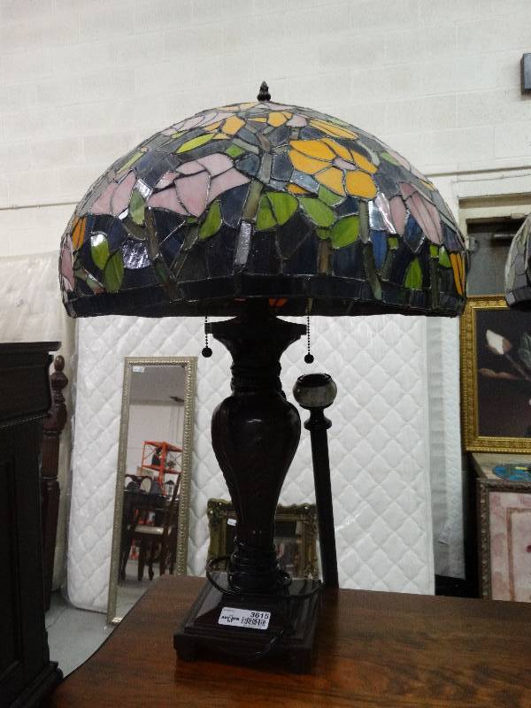 lot 3615 image: Large Metal Base Lamp Floral WStained Glass Shade.