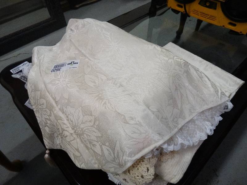 lot 3620 image: Box of Tablecloths, Runners, Doilies, Table Linens. etc.