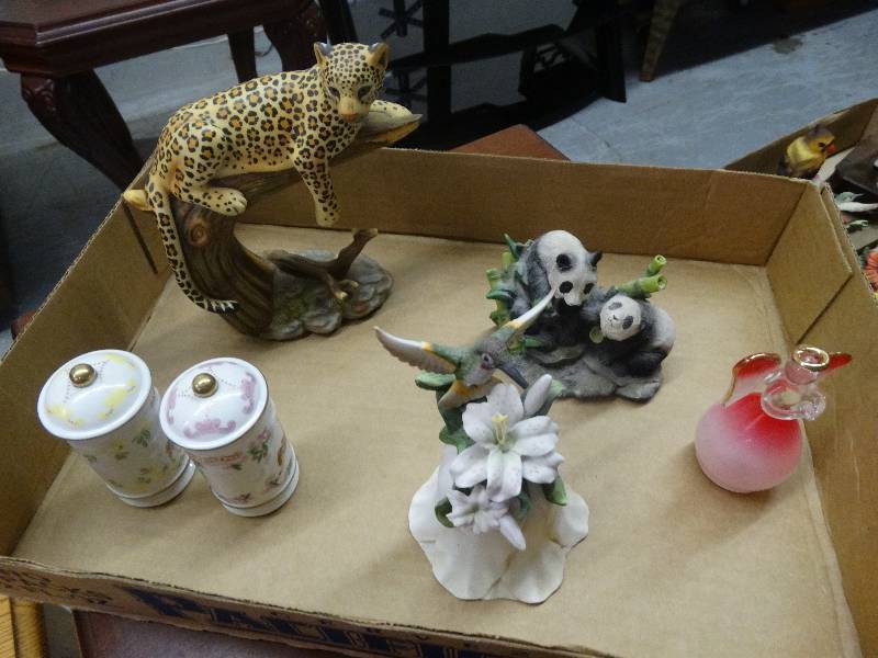 lot 3631 image: Box of Ceramic & Resin Decor, Bell, Angel, Leopard, etc.