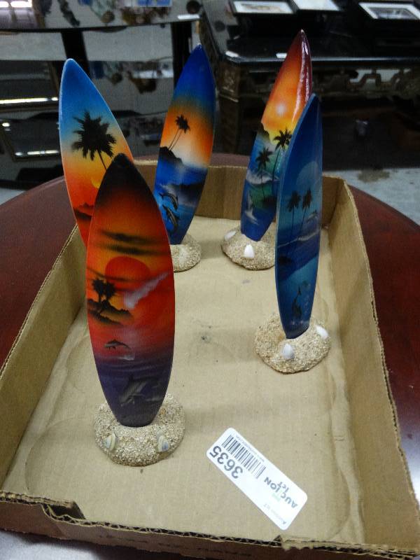lot 3635 image: Handpainted Mini Surfboards wstands.