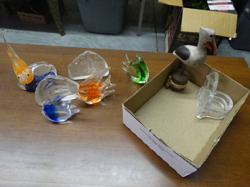 lot 3647 image: Glass Fish, Dolphin, Lighthouse, Candle holders, & Pelican.