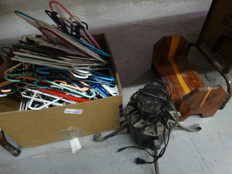 lot 3664 image: Box of Hangers, Tree Stand, Wood Book Shelf.
