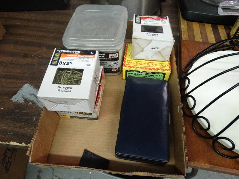 lot 3668 image: Box of Wood Screws, Hardware, Decks of Cards, Manicure Set.