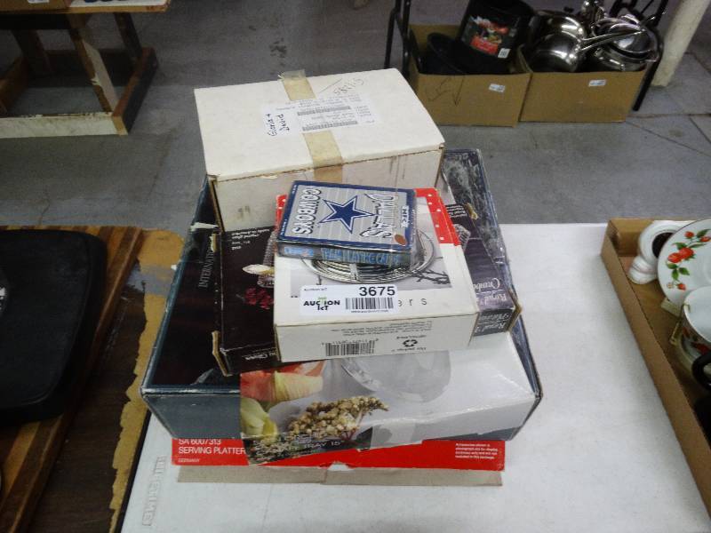 lot 3675 image: Holiday Serveware, Mikasa Tray, Crystal Bowl, Mikasa Christmas Tray, Napkin rings.