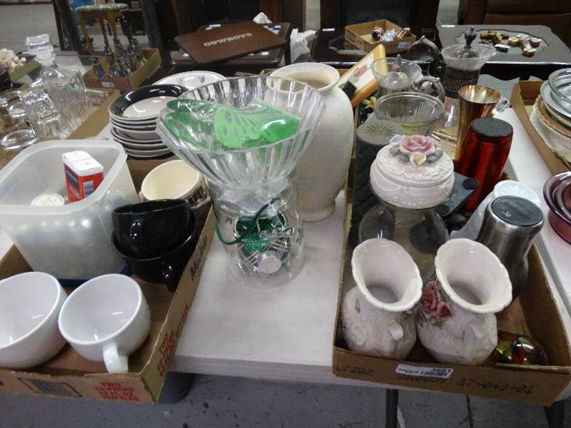lot 3681 image: Lot 5 boxes of Vases, Glassware, mugs, decanturs, soup bowls, SP Shakers, etc.