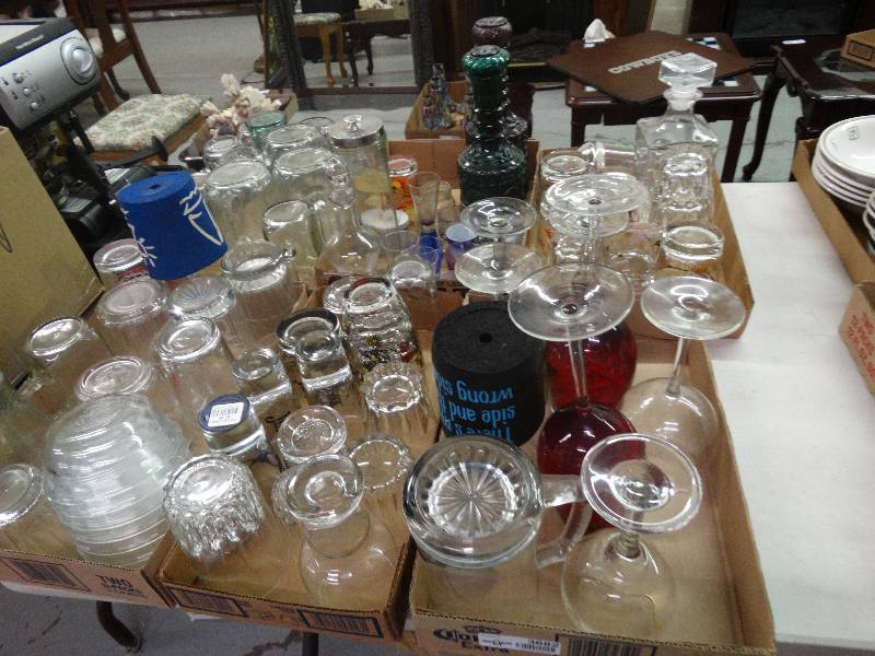 lot 3682 image: Lot of 6 flats of Decanters, Stemware, shot glasses, rocks glases, cocktail shaker, bowls. etc.