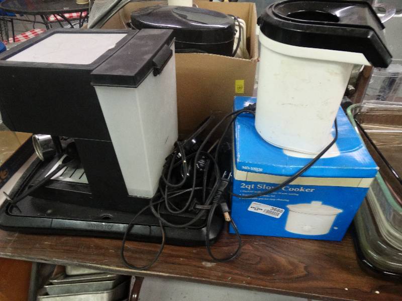 lot 3688 image: Espresso Machine, Slow Cooker, Popcorn Popper, Presto Griddle.
