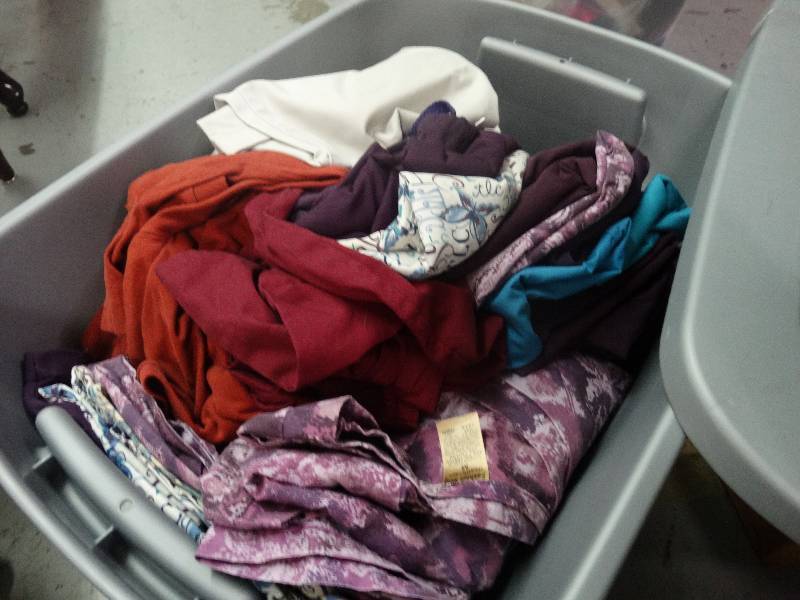 lot 3692 image: Tub of clothing & Medium Scrubs - 19 bottoms, 22 tops.