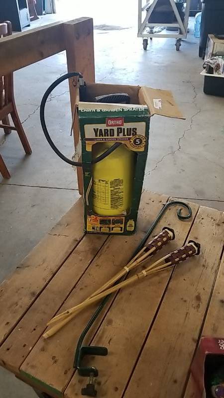 lot 36 image: Yard Sprayer- Tiki Torches- Plant Hanger- Lot