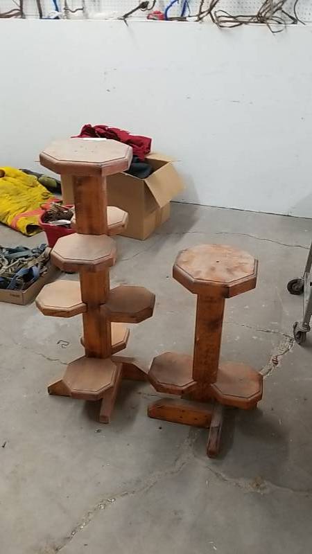 lot 49 image: Lot of 2 Cool Chunky Wood Plant Stands- Solid