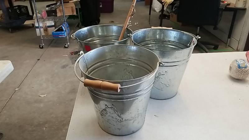 lot 103 image: 3 New Galvanized Feed Type Buckets- Horse Head Embossed