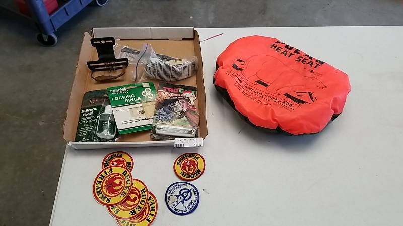 lot 126 image: Fun Hunting Lot- Seat Warmer- Patches- Bow Supplies