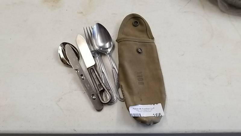 lot 166 image: WWII US Army 1945 Mess Utensils and Pouch